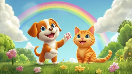 Naklejka premium A cartoon puppy giving a high-five to a smiling cartoon cat, both standing on a grassy hill under a rainbow.