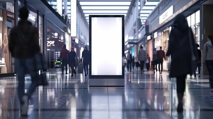Fototapeta premium Modern shopping mall interior showcasing vibrant retail space with shoppers and an empty digital display screen.