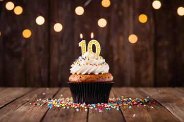10th birthday cupcake with whipped cream, sprinkles, candles, and number 10, on wooden background with bokeh lights