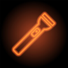Flashlight simple icon vector. Flat design. Orange neon on black background