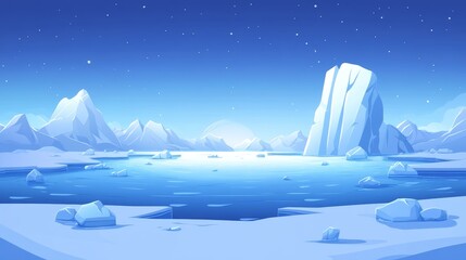 Frozen Arctic Seascape with Ice Surface and Glacier Background - Cartoon Illustration