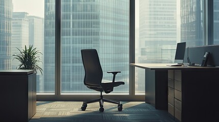 Fototapeta premium Empty office with a desk, chair, and large window, capturing the calm and focused atmosphere of a modern business setting.