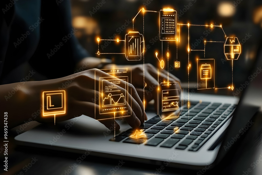 Poster illustration of technology network data connection concept, business person hands typing on laptop k