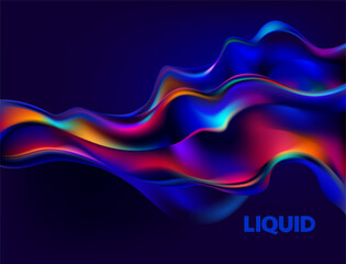 Abstract liquid holographic shape. Colorful fluid design elements on dark background. Vector 3D background.