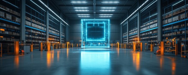 Futuristic Digital Warehouse HUD Hologram 3D Scanning - High Quality Rendered Illustration with Copy Space
