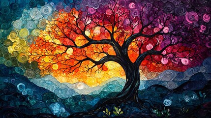 Semiabstract tree where the branches form colorful flowing patterns resembling the interconnectedness of nature and life