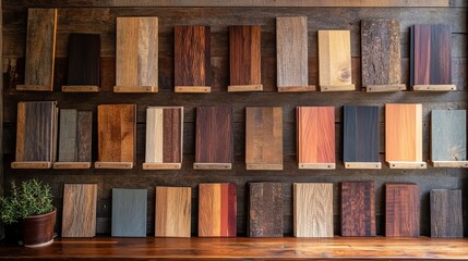 Living room design with dark cherry wood cabinetry contrasting a reclaimed pine accent wall, a collection of rustic wood swatch samples displayed