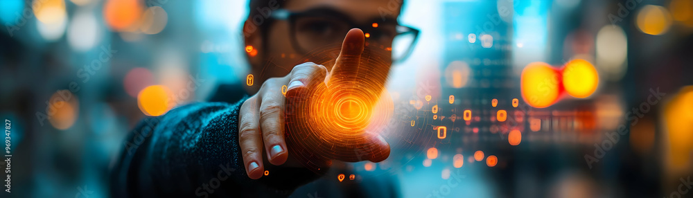 Poster man interacting with technology data network digital illustration