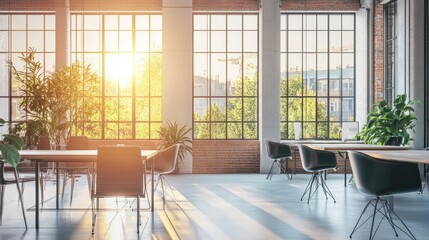 Empty workspace with modern furniture and large windows, symbolizing the potential of a new business day.