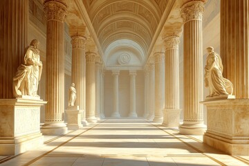 Majestic Ancient Greek Temple with Stone Statues and Columns - 3D Render Illustration for Fantasy Design with Copy Space