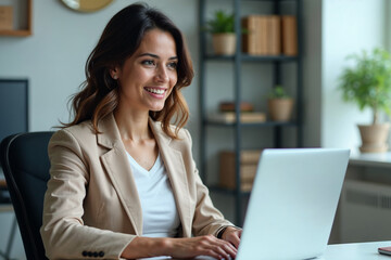 Busy young business woman executive using laptop in office. Smiling Hispanic businesswoman company employee sitting at work desk, professional female hr manager looking at pc computer at workplace