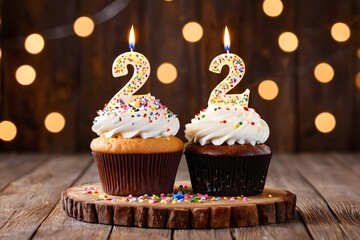 22nd birthday cupcake with whipped cream, sprinkles, candles, and number 22, on wooden background with bokeh lights