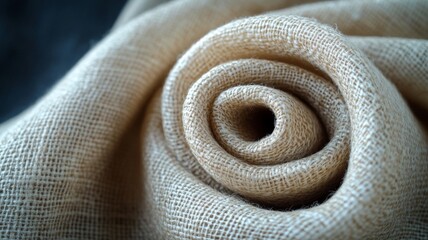 Close-up of burlap fabric rolled into a spiral, detailed texture. Natural material and craftsmanship concept