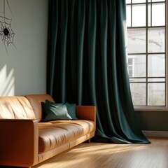 Cozy living room featuring a brown sofa, elegant curtains, and a touch of natural light from the window.