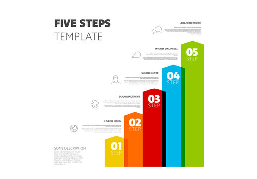 Color vertical five arrows steps infographic template with icons and descriptions