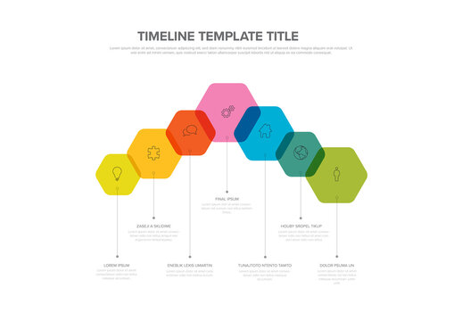 Seven steps in rainbow hexagons infographic template for process description