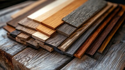 Neatly arranged birch and assorted wood swatches with a matte finish on a wooden table, featuring a variety of grain styles and earthy tones