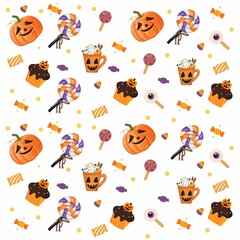 Fototapeta premium Seamless Halloween pattern featuring festive pumpkins, perfect for autumn decorations, Halloween-themed designs, textiles, party invitations, and seasonal projects.