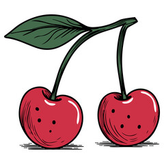 Two Red Cherries with Green Leaves and Stems