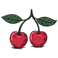 Two Red Cherries with Green Leaves and Stems