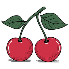 Two Red Cherries with Green Leaves and Stems