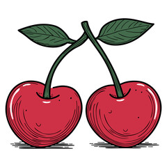 Two Red Cherries with Green Leaves and Stems