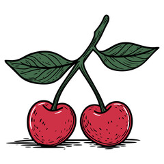 Two Red Cherries with Green Leaves and Stems