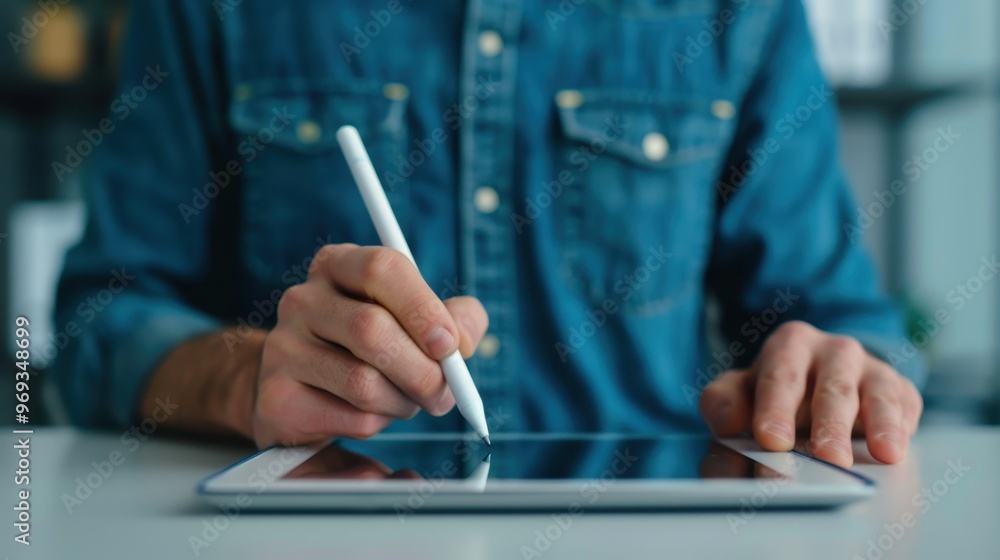 Poster close-up of a person using a stylus to draw or write on a tablet, showcasing modern digital creativi