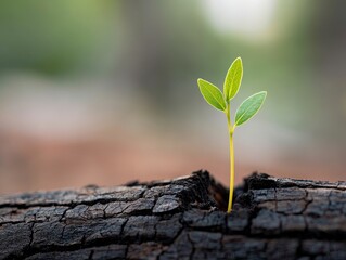 A small green sprout emerges from a charred log, symbolizing resilience and new life.