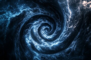 Abstract Spiral Black Vortex in Light Blue Space with Copy Space for Text - Futuristic Starry Illustration