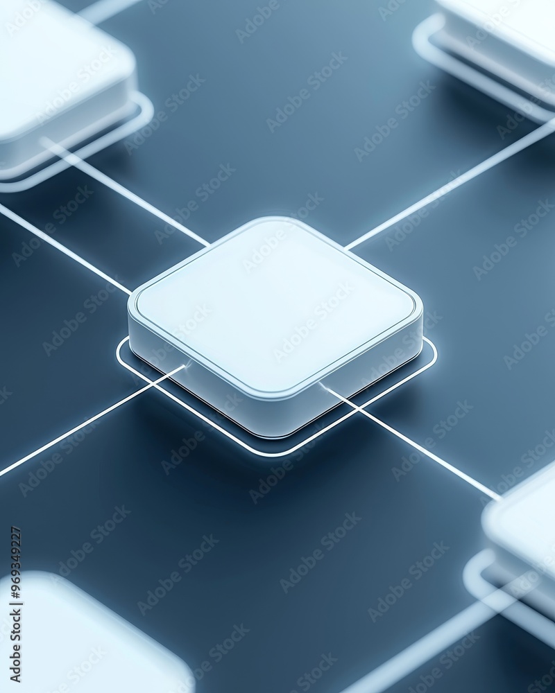 Poster abstract network concept with white squares connected by lines on a dark blue background.
