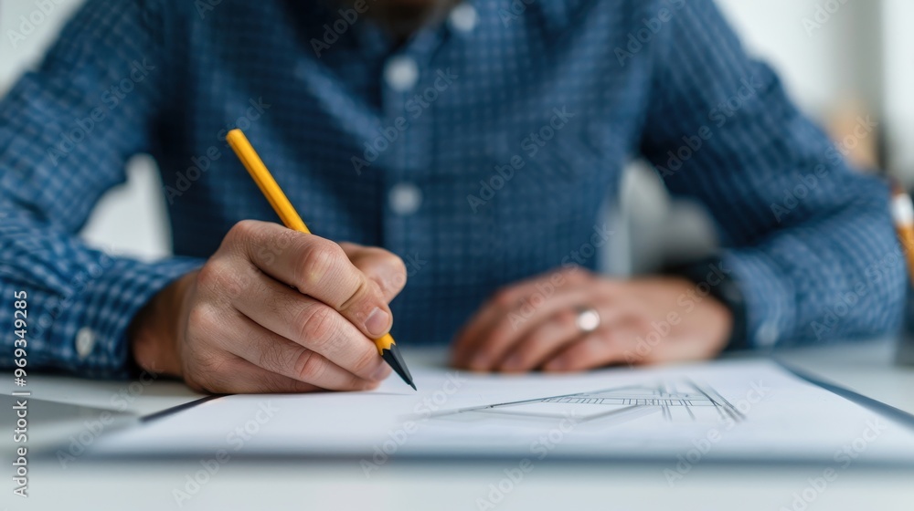 Poster close-up view of a person sketching with a pencil on paper at a desk in a creative workspace, focusi