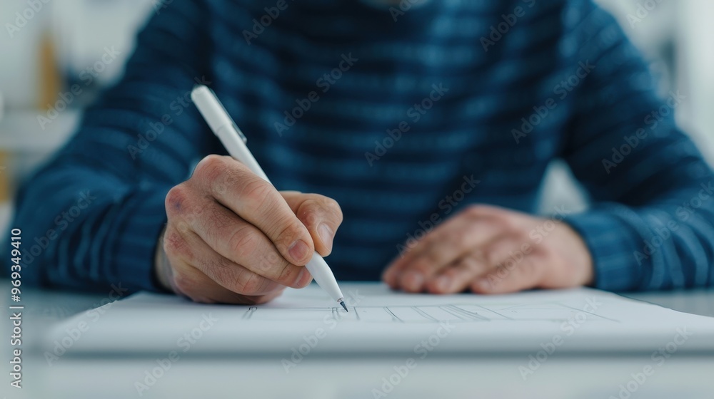 Poster close-up view of a person sketching with a pencil on paper at a desk in a creative workspace, focusi