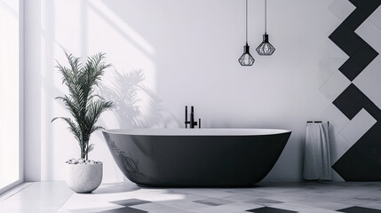 Modern bathroom featuring a sleek tub, plants, and geometric decor in a minimalist setting.