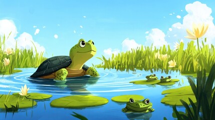 Fototapeta premium A cartoon turtle swimming in a pond, with lily pads and frogs hopping around, under a bright blue sky.