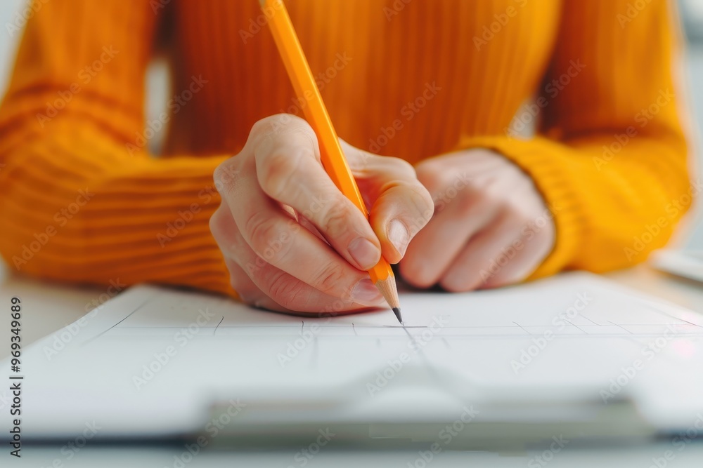 Poster close-up view of a person sketching with a pencil on paper at a desk in a creative workspace, focusi