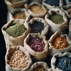 Obraz premium Assorted Colorful Legumes in Burlap Sacks at Rustic Market