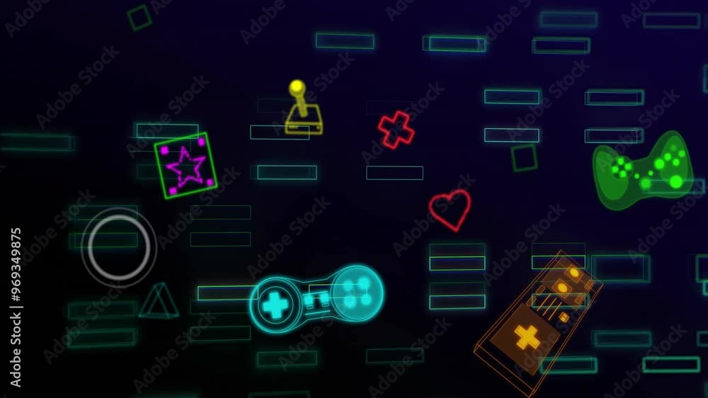 Poster animation of video game icons over neon pattern background