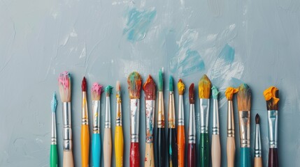 A row of assorted paintbrushes with vibrant colors of paint on the bristles arranged against a textured light blue background, showcasing creativity and art.