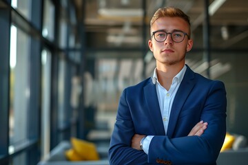 Fototapeta premium Businessman in a Sharp Suit, Standing in Front of Tech Startup Office, Copy Space, Portrait Shot