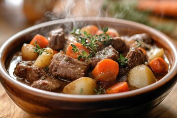 A steaming bowl of beef stew filled with tender meat, potatoes, carrots, and herbs