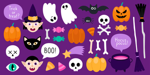 Collection of magical Halloween illustrations on dark purple. Cute cartoon elements for Halloween design. Witch, vampire, cat, pumpkins, ghost, bat, spider, skull, bones, broom, cauldron, candy, star.
