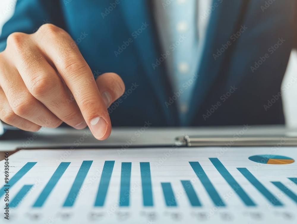 Poster close-up of a businessman's hand pointing at a bar graph on a financial report.