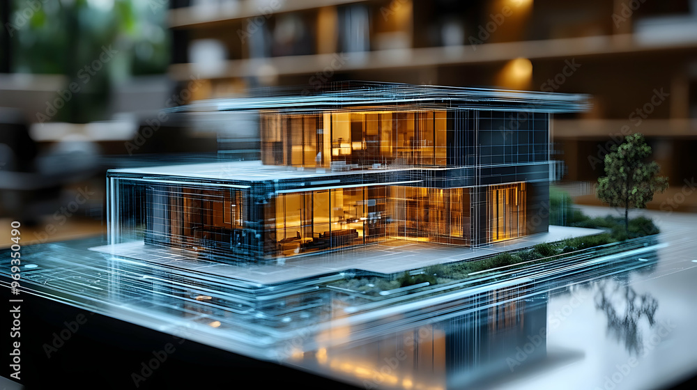 Poster a 3d architectural model showcasing a modern house design with transparent elements.