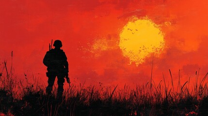 Obraz premium Minimalist Illustration of War Scene with Soldier, Symbol of Conflict and Courage, Copy Space for Text