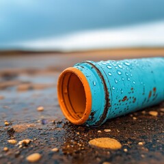 A blue and orange plastic tube lies on a wet beach, surrounded by rocks. Water droplets cling to its surface.