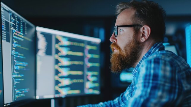 software developer working on multiple monitors, writing code in a dimly lit office setting. Focused on programming and coding tasks.