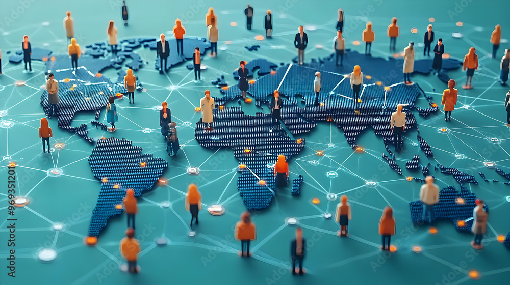 Poster a 3d representation of a world map with people icons connected by lines, symbolizing global networki