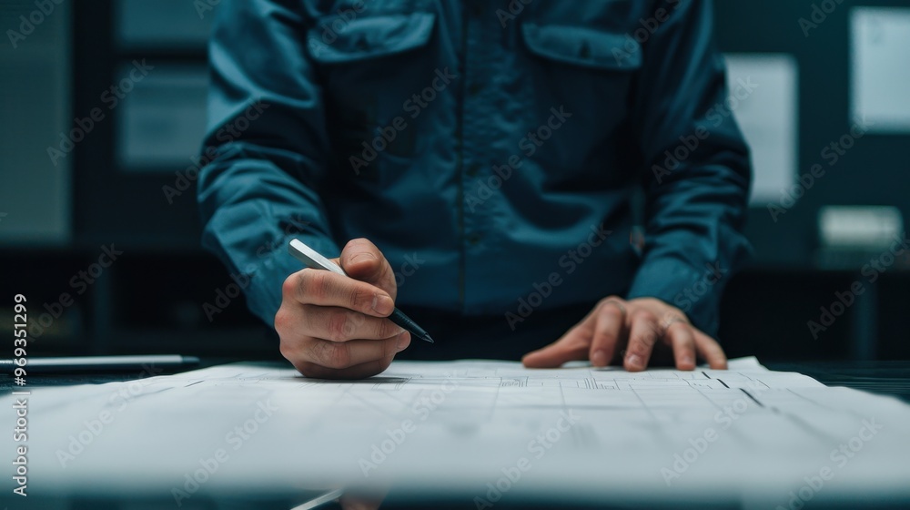 Poster close-up view of a person sketching with a pencil on paper at a desk in a creative workspace, focusi