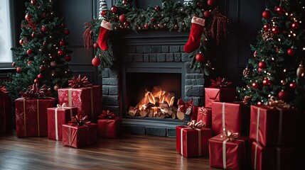 4. Christmas backdrop adorned with festive decorations and beautifully wrapped Christmas gifts for a cozy holiday vibe